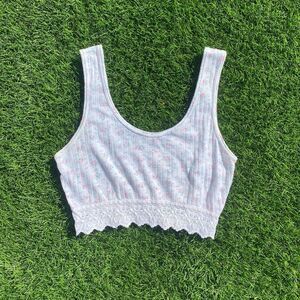 90s Vintage Tiny Floral Lace Babydoll Crop Top Shirt S M Womens White Pink Tank